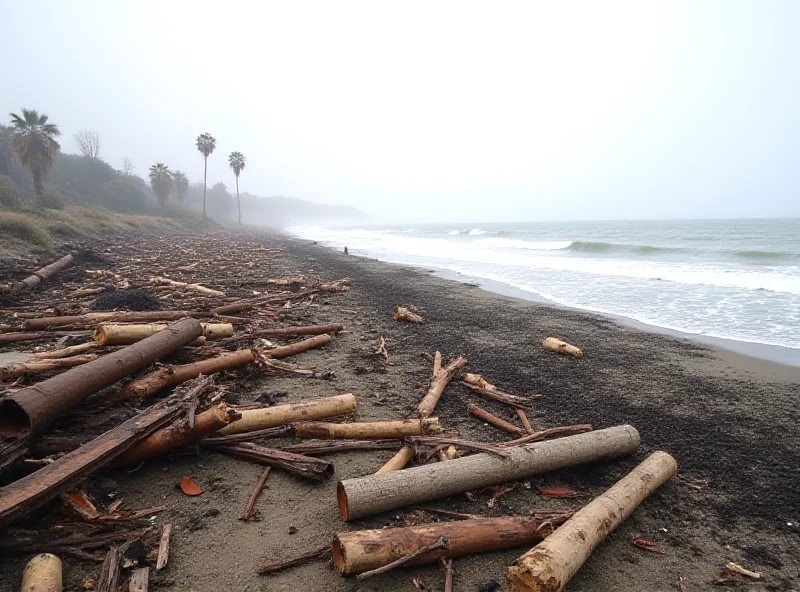 Image of a California beach covered in debris after a rainstorm.