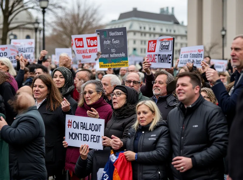 An image depicting a protest against cuts to foreign aid, with signs showing slogans and concerned faces.