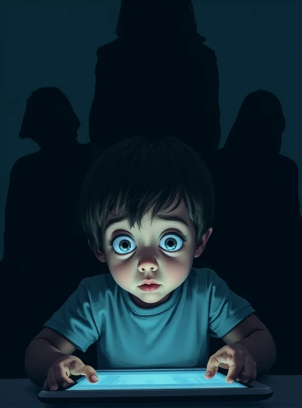 An illustration depicting a child using a tablet with shadowy figures lurking in the background, symbolizing online threats.