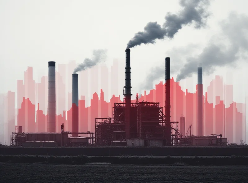 A photo showing a factory with smokestacks, with a superimposed graph showing declining production and rising costs.