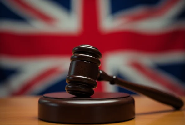 A gavel slamming down on a table in front of a blurred British flag, symbolizing legal decisions and their impact.