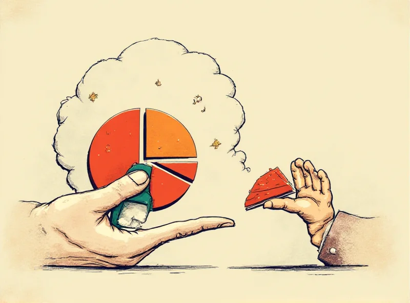 Illustration of a hand cutting a pie chart representing foreign aid, while another hand reaches for a larger slice representing defense spending, with a concerned expression on a face in the background.