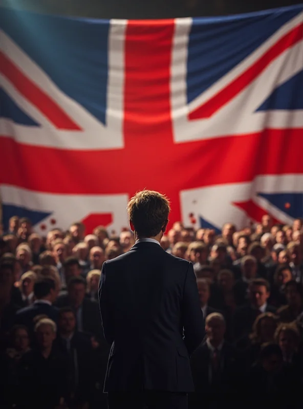 Image of Keir Starmer addressing a crowd with the Union Jack flag in the background, with a determined expression.