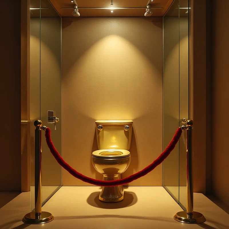 A humorous depiction of a golden toilet bowl in a museum display case, with security cameras and velvet ropes, but the display case is empty, and the toilet is missing.