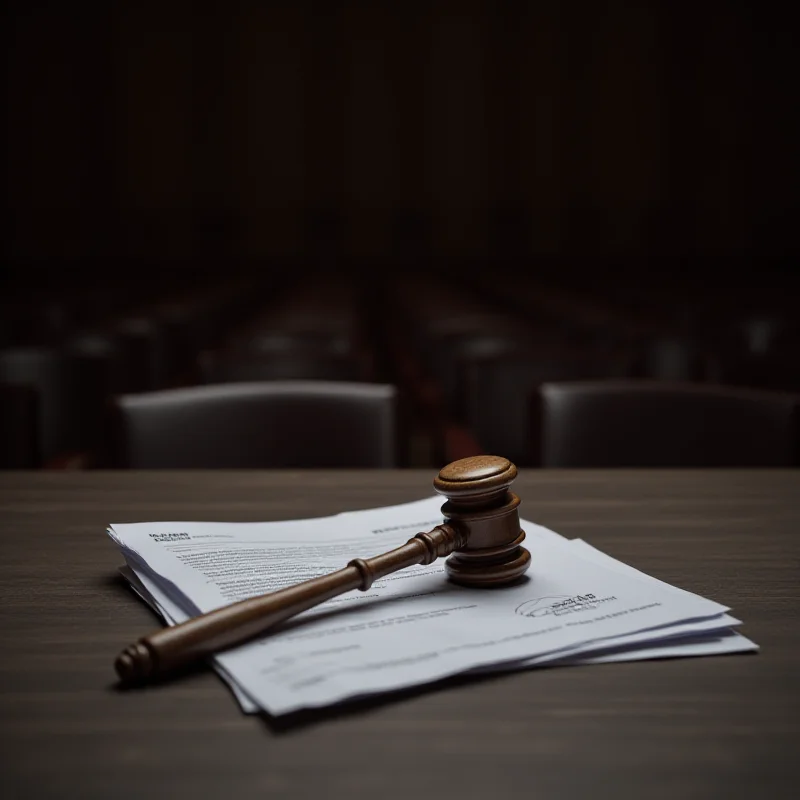 Image of a gavel resting on a stack of legal documents in a courtroom