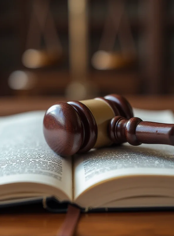 A gavel resting on a law book in a courtroom setting