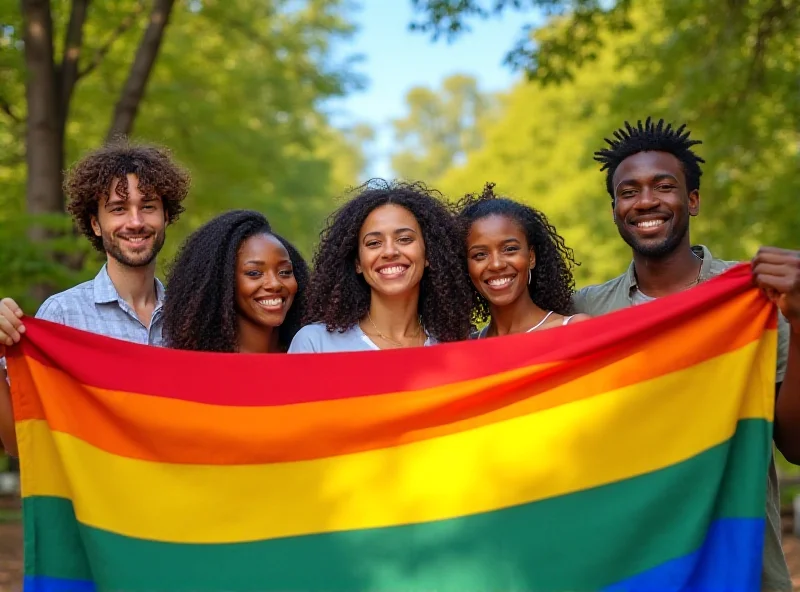 A group of diverse people smiling and holding a rainbow flag in a park setting.