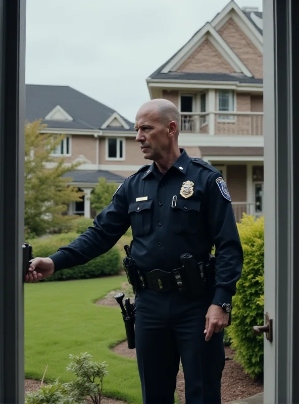 A police officer standing in front of a house, knocking on the door.