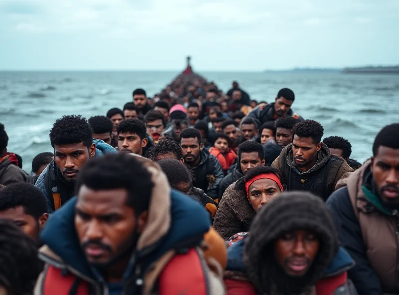 A crowded small boat crossing the English Channel, with the UK coastline visible in the background.