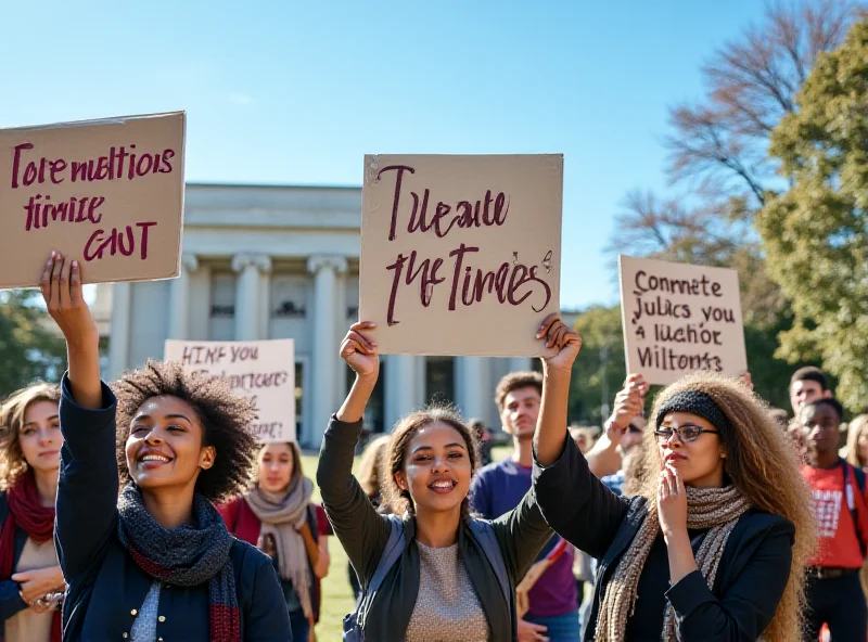 Students protesting climate change with signs and banners outside a university campus.