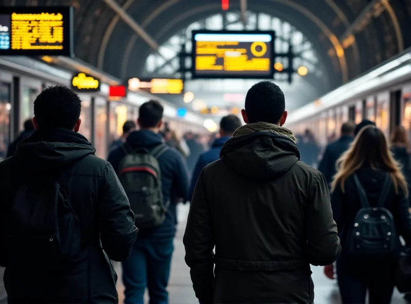 A crowded train platform in the UK, with delayed train information displayed on a screen.