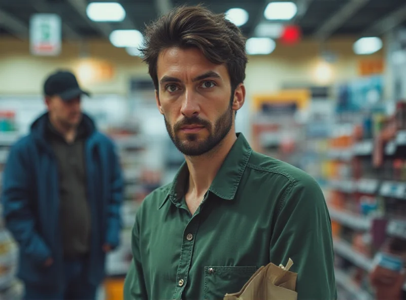 An upset retail worker standing behind a checkout counter, looking stressed and concerned, with blurry figures in the background suggesting shoplifters.