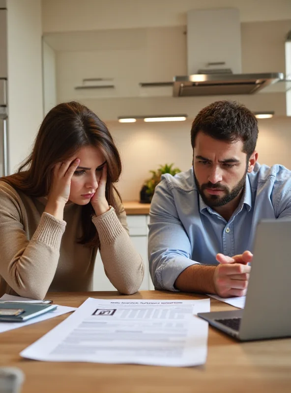 A young couple looking stressed while reviewing mortgage documents at a kitchen table. The room is brightly lit, and a laptop displaying financial data is visible in the background.