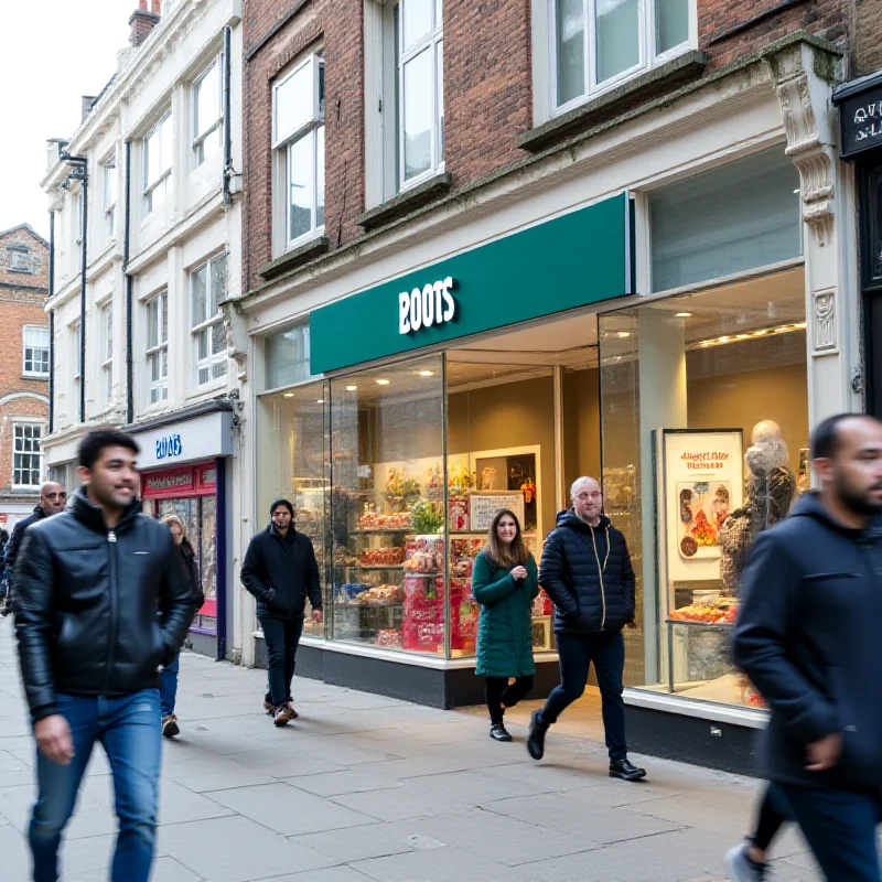 Exterior shot of a Boots store on a busy high street. People are walking by, and other shops are visible in the background. The Boots logo is prominently displayed.