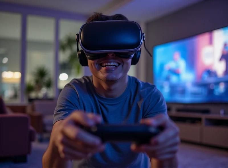 A gamer wearing a VR headset and holding a controller, immersed in a virtual reality game.