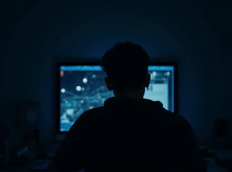 A young man sitting alone in a dimly lit room, illuminated by the glow of a computer screen, showing a news article about a school shooting.