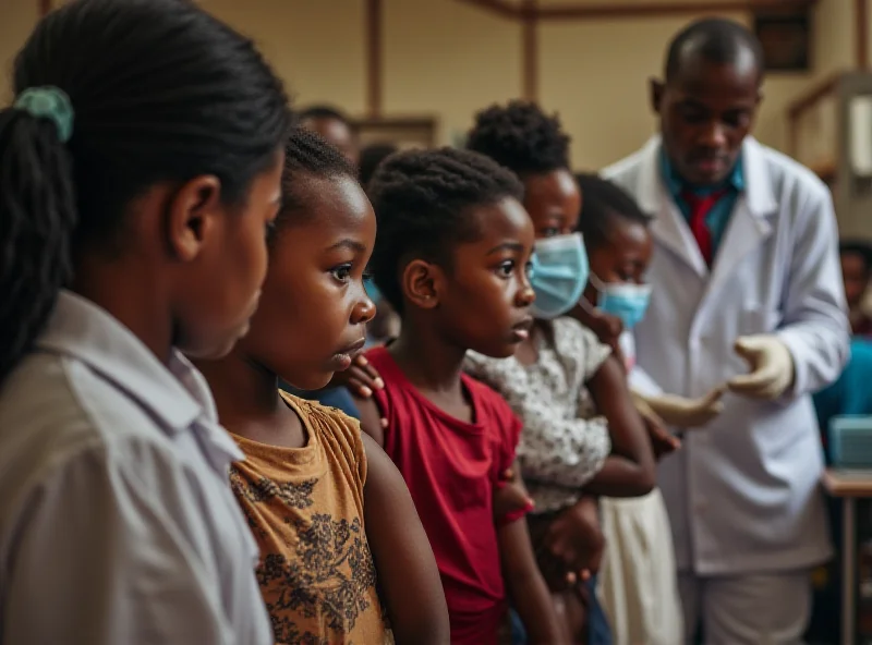 A group of children in a developing country receiving vaccinations from healthcare workers.