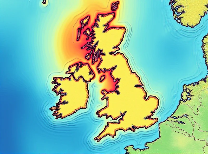 Illustration of the North Sea with rising temperatures indicated by color gradients, highlighting the affected areas.