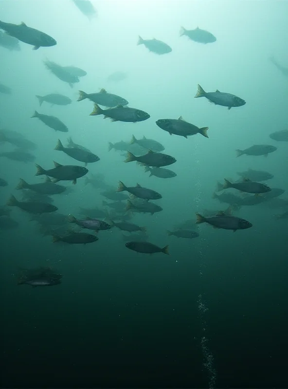 A school of cod swimming in murky North Sea waters, with fishing nets visible in the background.