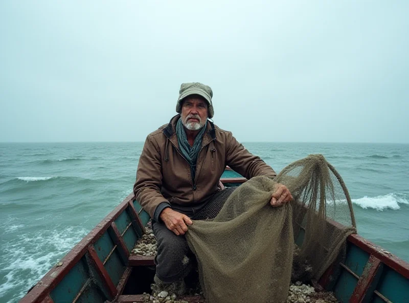 A fisherman on a small boat in rough seas, pulling up an empty net, symbolizing the challenge of dwindling fish stocks.