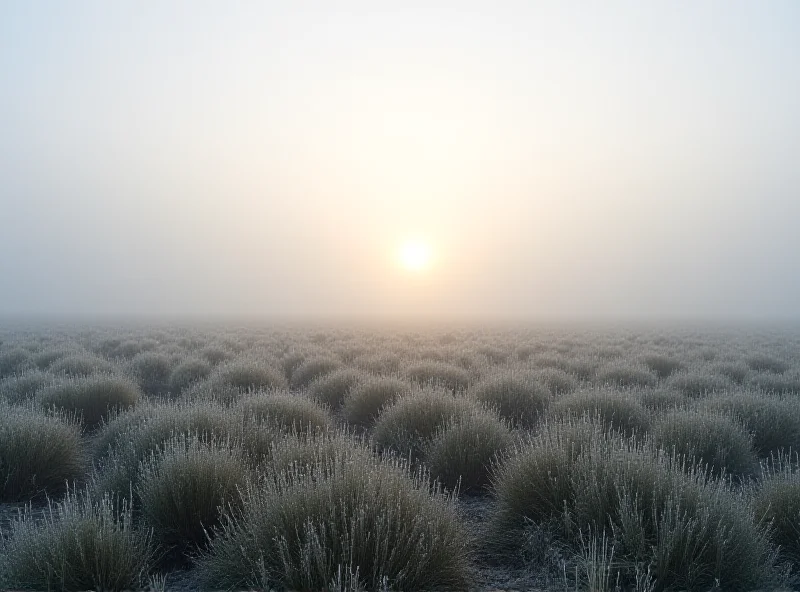 A landscape photo of a field covered in freezing fog with a faint sun trying to break through in the background.