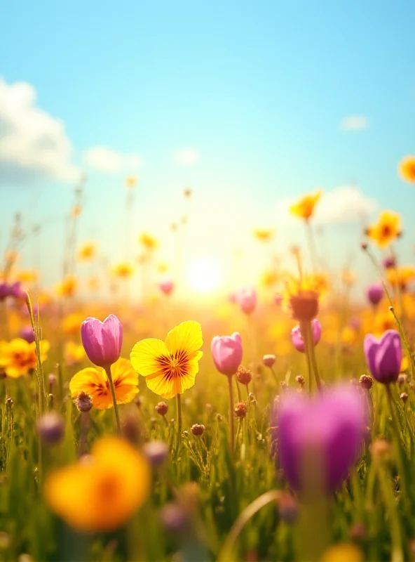 A vibrant image of a field of spring flowers bathed in warm sunlight, with a clear blue sky overhead.