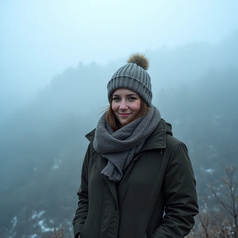 A person bundled up in winter clothing, looking out at a foggy landscape, with a slight smile on their face.