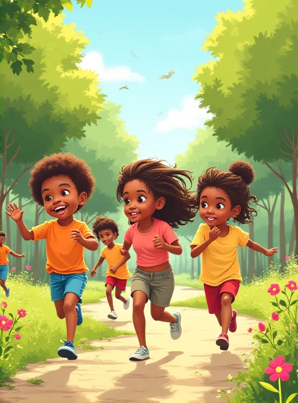 A group of diverse children happily playing together in a park on a sunny day. The children represent different ethnicities and body types.