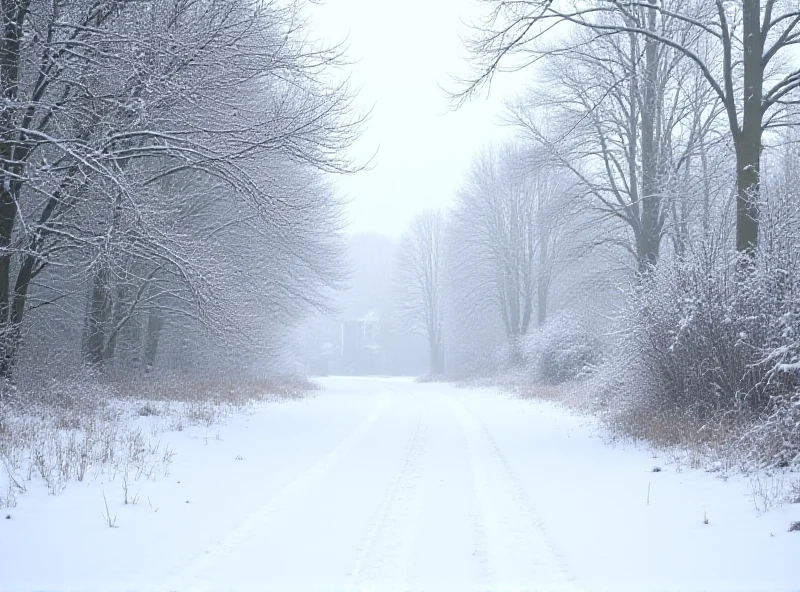 A snow-covered landscape in rural England, with bare trees and a dusting of snow on the ground.