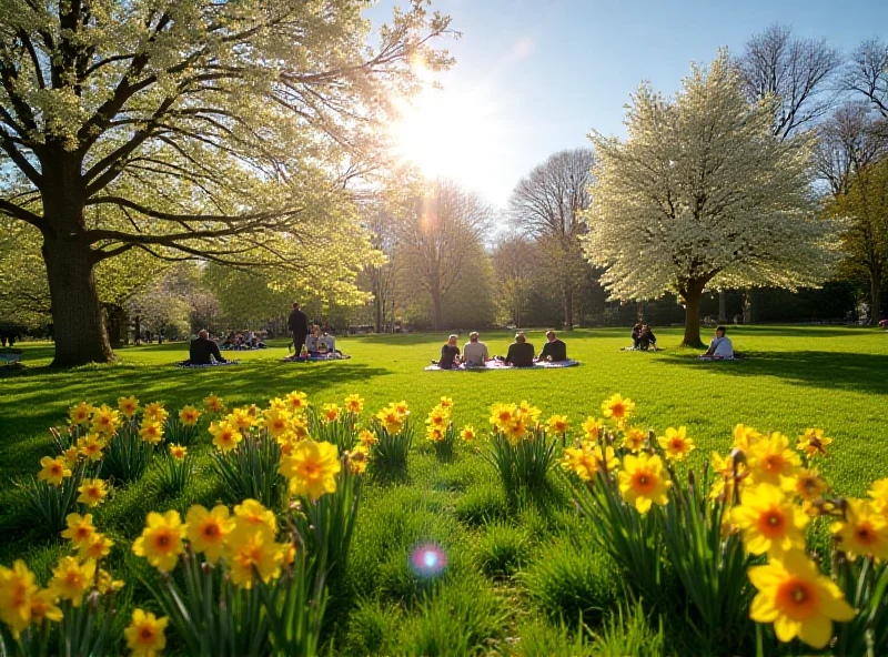 A sunny park in England with spring flowers blooming.