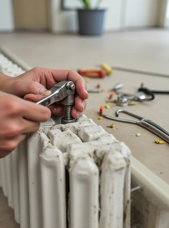 A person fixing a radiator with tools.