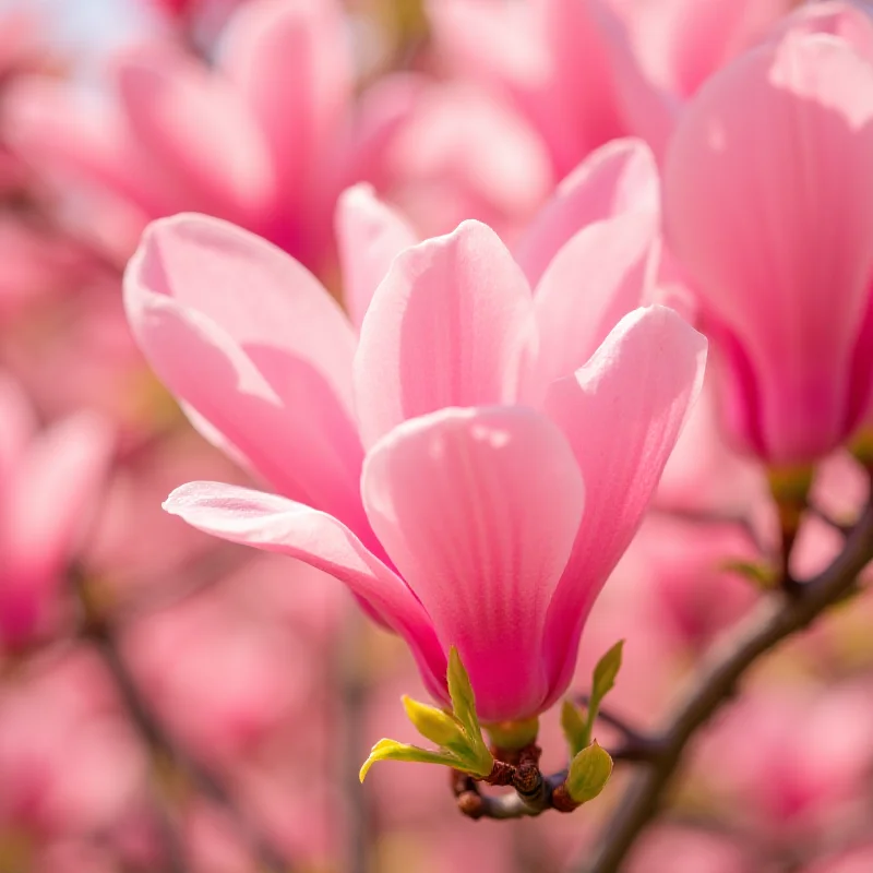 Magnolia tree in full bloom with pink flowers