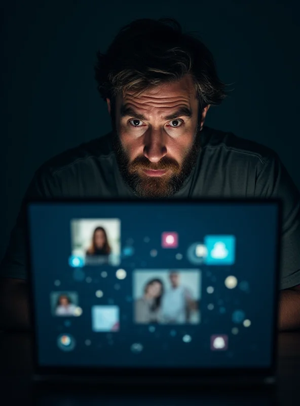 A concerned father (Ian Russell) looking at a laptop screen with a worried expression. The screen shows a montage of social media icons and potentially harmful content, emphasizing the dangers of online platforms for young people.