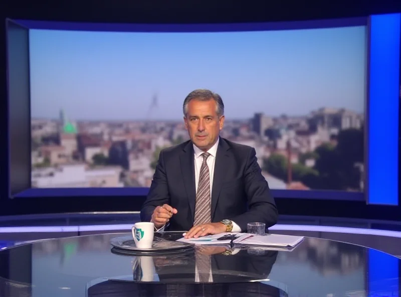 A news studio set with the Channel 4 logo prominently displayed. The background shows a blurred image of a breaking news headline about the Israel-Hamas conflict.