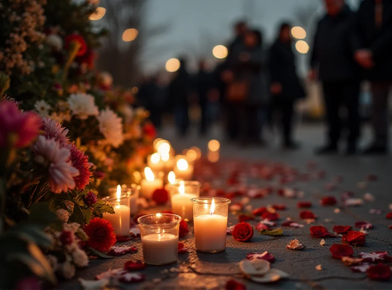 A photograph of a memorial with flowers and candles, likely related to a vigil. The scene is somber and respectful.