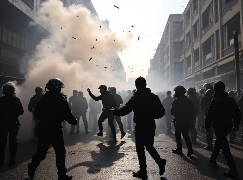 A chaotic street scene in Athens with tear gas in the air and protesters clashing with police, creating a dynamic and tense atmosphere.