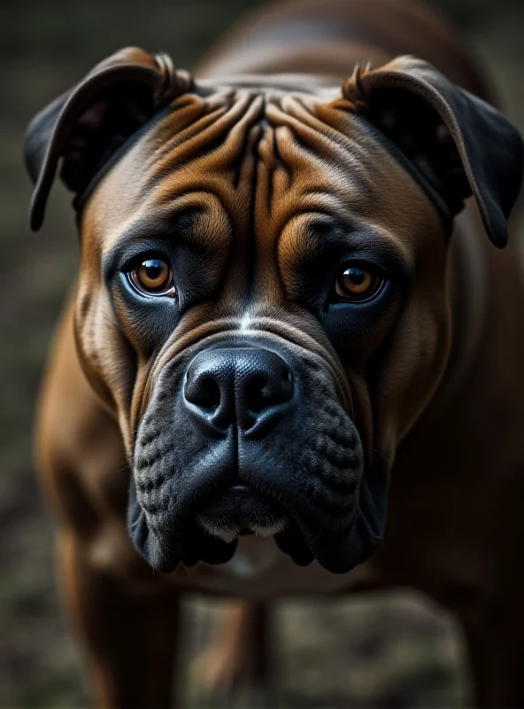 A close-up photograph of an XL Bully dog, capturing its muscular build and intense gaze, highlighting the controversy surrounding the breed.