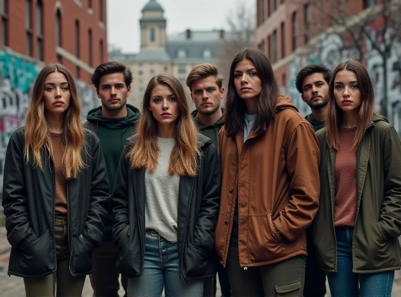 A diverse group of young adults looking concerned against an urban backdrop.