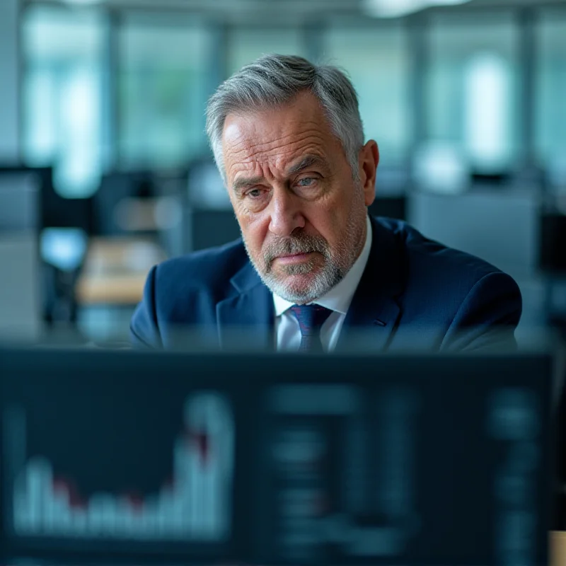 A worried executive sitting at a desk in a modern office, looking stressed.