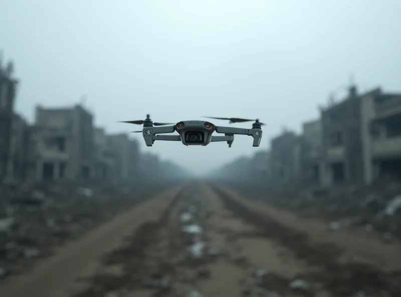 A small drone flying over a war-torn landscape.