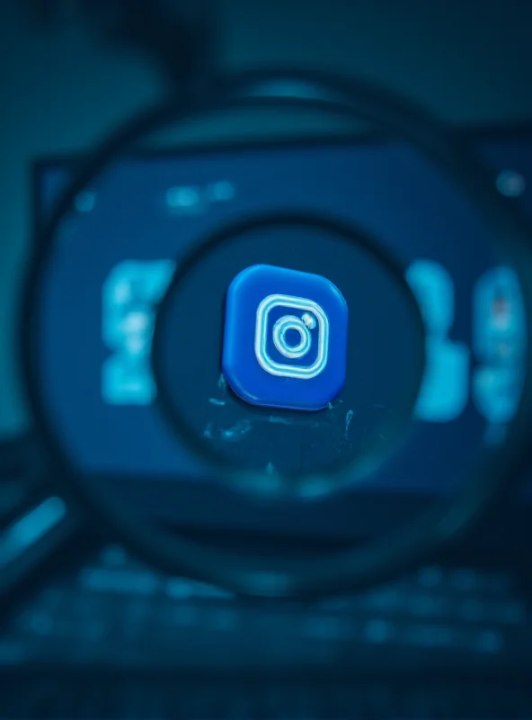 Close-up of a laptop screen displaying social media icons and a magnifying glass hovering over them.