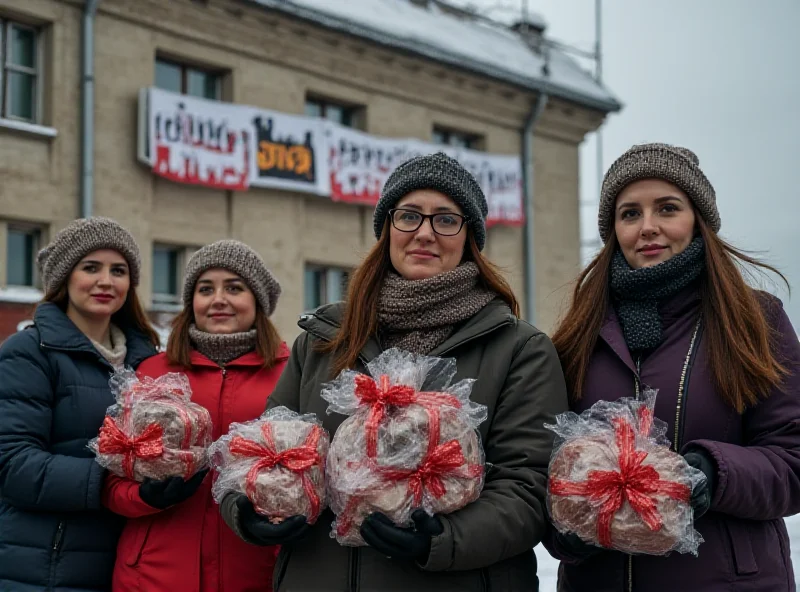 A group of women standing in front of a building with a banner, holding meat grinders wrapped in gift paper