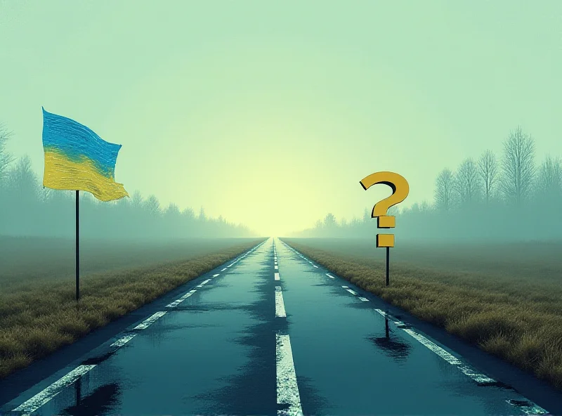 Illustration of a divided road with a Ukrainian flag on one side and a question mark on the other, symbolizing the uncertainty of future aid.