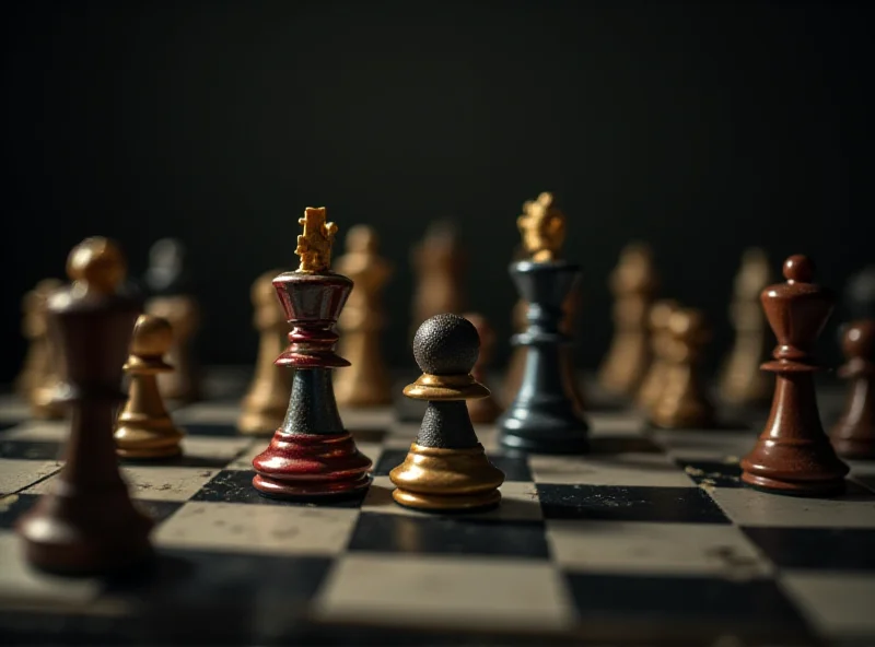 A close-up of a chess board with pieces representing different countries, symbolizing the strategic and political maneuvering surrounding the Ukraine conflict.