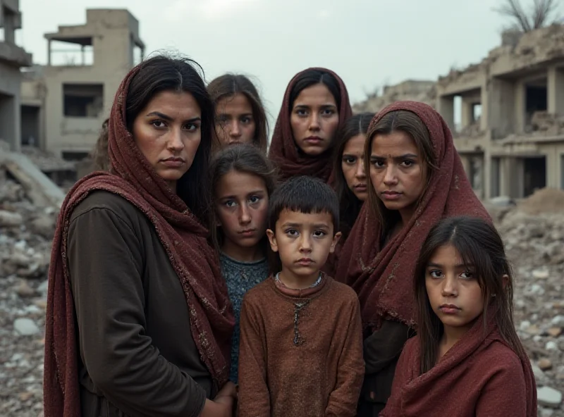 A group of women and children in a war-torn area, looking distressed and in need of assistance.