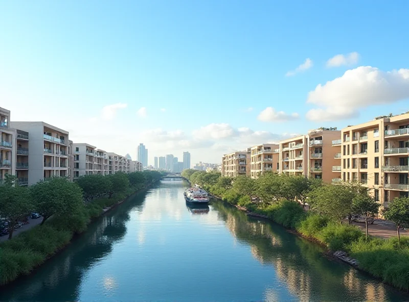 A wide shot of a cityscape in Cairo, Egypt, with a focus on modern buildings and the Nile River under a sunny sky.