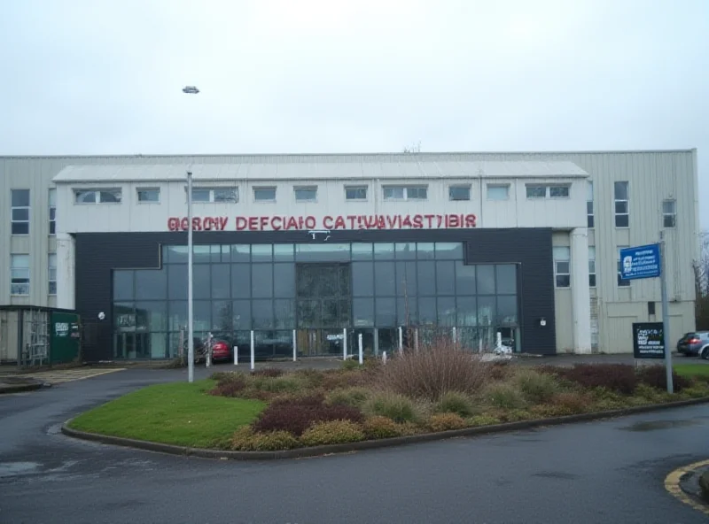 Exterior shot of a modern factory in Belfast, Northern Ireland, with signage indicating defense manufacturing.