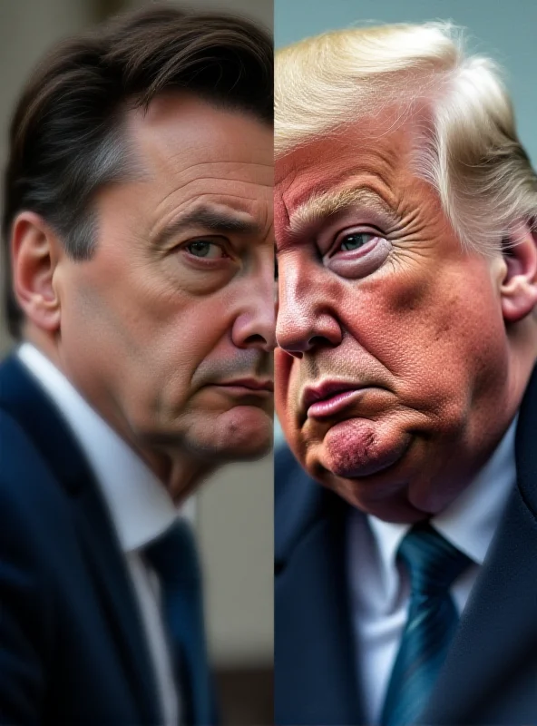 A split screen image with Volodymyr Zelensky on one side and Donald Trump on the other, both looking serious. The background is blurred to emphasize their faces.