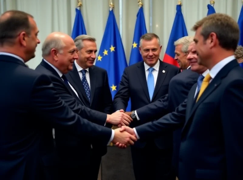 A group of European Union leaders standing together, shaking hands and smiling, representing a pledge to support Ukraine.