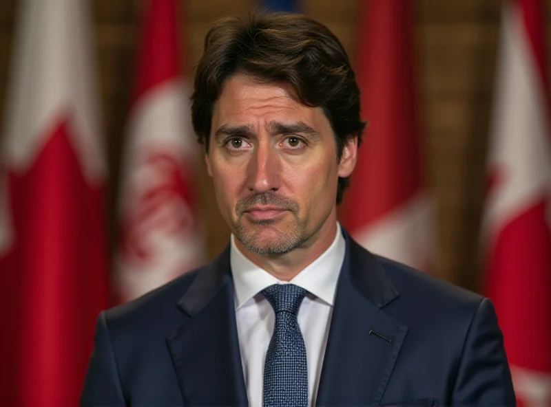 Canadian Prime Minister Justin Trudeau speaking at a press conference with a serious expression.